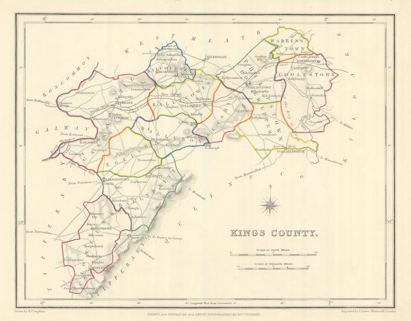 KINGS COUNTY (OFFALY) antique map for LEWIS. CREIGHTON & DOWER. Ireland 1850